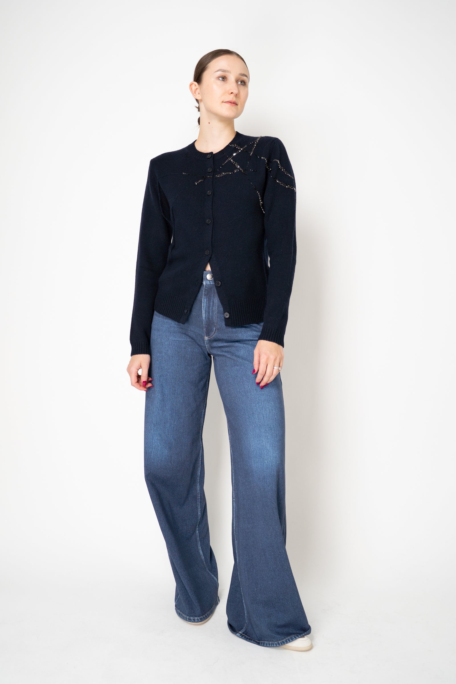 美品❤️FABIANA FILIPPI レイヤードカーディガン　ネイビー　M Fabiana Filippi Wool Cashmere Knit Cardigan with Strass Embroidery