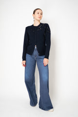 Fabiana Filippi Wool Cashmere Knit Cardigan with Strass Embroidery in Navy