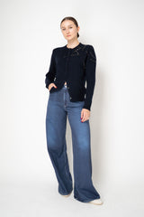 Fabiana Filippi Wool Cashmere Knit Cardigan with Strass Embroidery in Navy