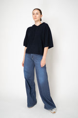 Fabiana Filippi Wool Viscose Knit Short Sleeve Hooded Sweater in Navy