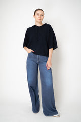Fabiana Filippi Wool Viscose Knit Short Sleeve Hooded Sweater in Navy