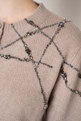 Fabiana Filippi Wool Cashmere Knit Cardigan with Strass Embroidery in Taupe