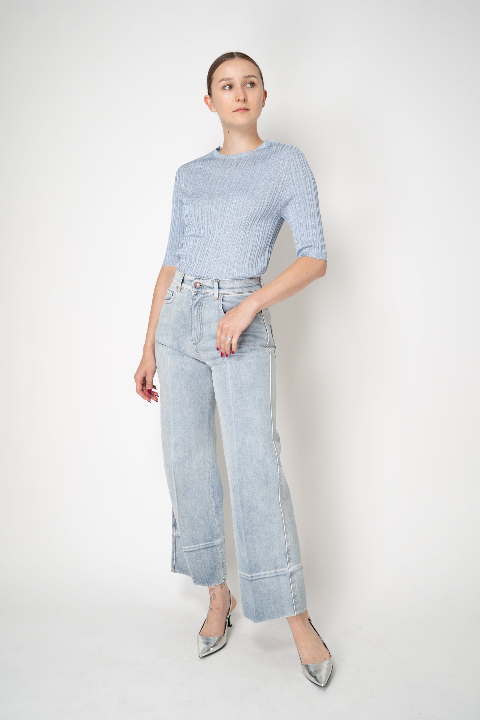 Fabiana Filippi Liquid Drape Ribbed Knit Short Sleeve Pullover in