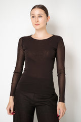 D. Exterior Stretch Tulle Wide Neck Top in Espresso