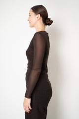 D. Exterior Stretch Tulle Wide Neck Top in Espresso