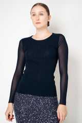 D. Exterior Stretch Tulle Wide Neck Top in Navy