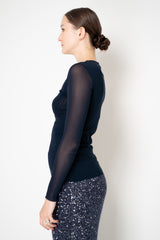 D. Exterior Stretch Tulle Wide Neck Top in Navy