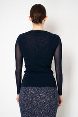 D. Exterior Stretch Tulle Wide Neck Top in Navy