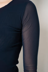 D. Exterior Stretch Tulle Wide Neck Top in Navy