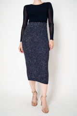 D. Exterior Stretch Knit Wool Alpaca Sequined Skirt in Navy