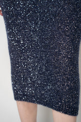 D. Exterior Stretch Knit Wool Alpaca Sequined Skirt in Navy