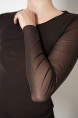 D. Exterior Stretch Tulle Wide Neck Top in Espresso