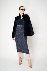 D. Exterior Stretch Knit Wool Alpaca Sequined Skirt in Navy