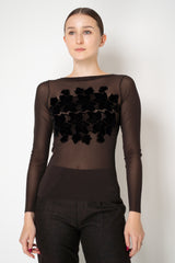 D. Exterior Stretch Tulle Crew Neck Top with Flock Chest Detail in Espresso