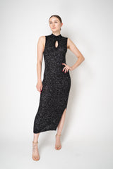 D. Exterior Knit Wool Alpaca Sequin Maxi Dress in Black