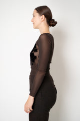 D. Exterior Stretch Tulle Crew Neck Top with Flock Chest Detail in Espresso