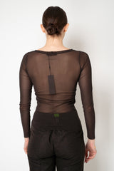 D. Exterior Stretch Tulle Crew Neck Top with Flock Chest Detail in Espresso