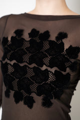 D. Exterior Stretch Tulle Crew Neck Top with Flock Chest Detail in Espresso