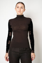 D. Exterior Stretch Tulle Turtleneck Top with Flock Lace in Espresso
