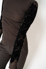 D. Exterior Stretch Tulle Turtleneck Top with Flock Lace in Espresso