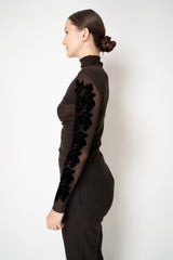D. Exterior Stretch Tulle Turtleneck Top with Flock Lace in Espresso