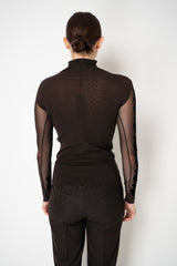 D. Exterior Stretch Tulle Turtleneck Top with Flock Lace in Espresso