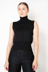 D. Exterior Wool Viscose Knit Sleeveless Turtleneck Top in Black Lurex