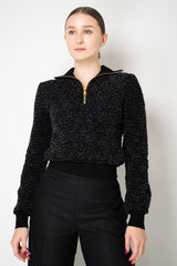 Balmain Cropped Bouclé Knit Half-Zip Pullover in Black