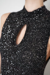 D. Exterior Knit Wool Alpaca Sequin Maxi Dress in Black