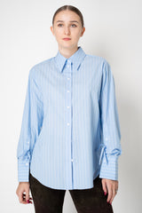 Dorothee Schumacher Oversized Cotton Poplin Button-Up Shirt with Ribbon Cuffs in Blue Stripes