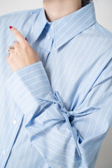 Dorothee Schumacher Oversized Cotton Poplin Button-Up Shirt with Ribbon Cuffs in Blue Stripes