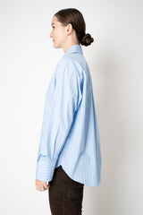 Dorothee Schumacher Oversized Cotton Poplin Button-Up Shirt with Ribbon Cuffs in Blue Stripes