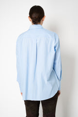 Dorothee Schumacher Oversized Cotton Poplin Button-Up Shirt with Ribbon Cuffs in Blue Stripes
