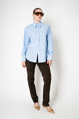 Dorothee Schumacher Oversized Cotton Poplin Button-Up Shirt with Ribbon Cuffs in Blue Stripes