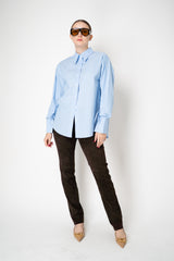 Dorothee Schumacher Oversized Cotton Poplin Button-Up Shirt with Ribbon Cuffs in Blue Stripes