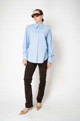 Dorothee Schumacher Oversized Cotton Poplin Button-Up Shirt with Ribbon Cuffs in Blue Stripes