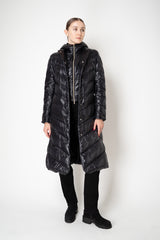 Herno A-line Hooded Goose Down Padded Belted Coat in Black