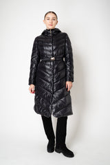 Herno A-line Hooded Goose Down Padded Belted Coat in Black