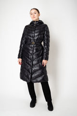Herno A-line Hooded Goose Down Padded Belted Coat in Black