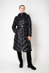 Herno A-line Hooded Goose Down Padded Belted Coat in Black
