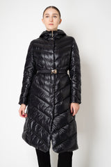 Herno A-line Hooded Goose Down Padded Belted Coat in Black