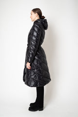 Herno A-line Hooded Goose Down Padded Belted Coat in Black