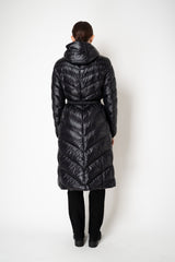 Herno A-line Hooded Goose Down Padded Belted Coat in Black
