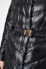 Herno A-line Hooded Goose Down Padded Belted Coat in Black