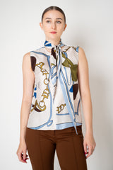 Dorothee Schumacher Sleeveless Scarf Print Silk Twill Blouse in White and Blue