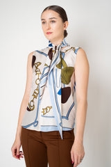 Dorothee Schumacher Sleeveless Scarf Print Silk Twill Blouse in White and Blue