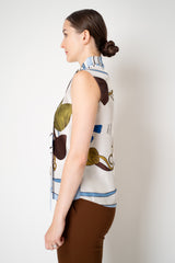 Dorothee Schumacher Sleeveless Scarf Print Silk Twill Blouse in White and Blue