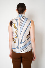 Dorothee Schumacher Sleeveless Scarf Print Silk Twill Blouse in White and Blue