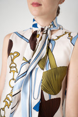 Dorothee Schumacher Sleeveless Scarf Print Silk Twill Blouse in White and Blue