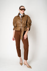 Dorothee Schumacher Oversized Cropped Leather Jacket with Belted Cuffs and Waist in Porcini